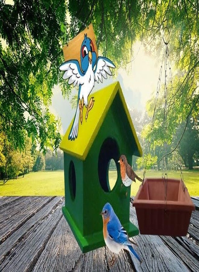 Craft Park Earthenware Hanging Square Bird Bath with Free MDF Ply Wood Bird House Bird Nest for Sparrow - Image 1